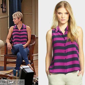Equipment Mina Pink and Navy Stripe Sleeveless Silk Blouse